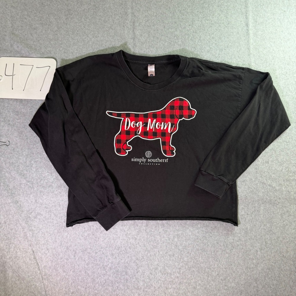 Simply Southern Dog Mom Buffalo Plaid Cropped Long Sleeve Tee Black Large
